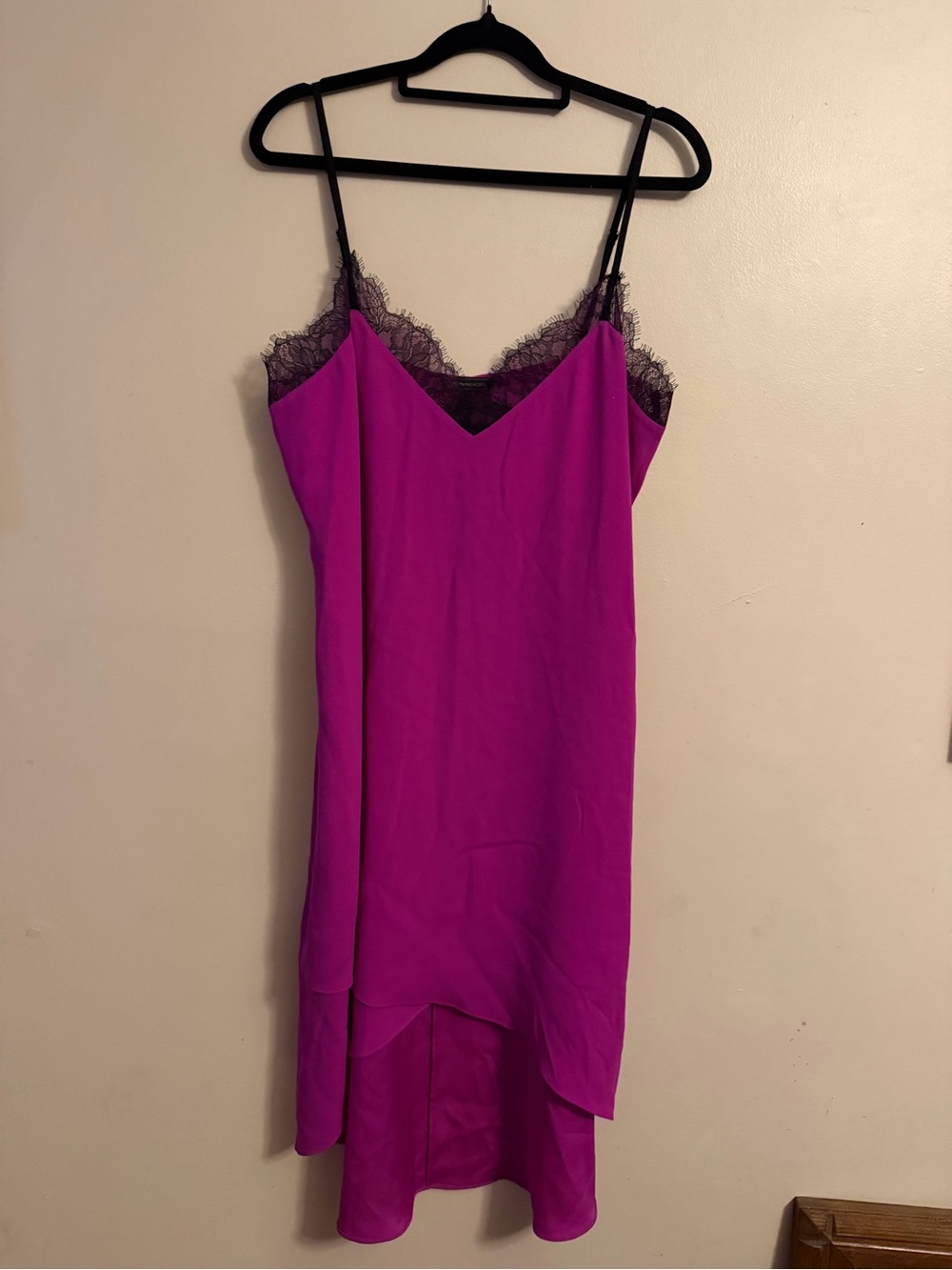BCBGMaxAzria Fuchsia Slip Dress with Black Lace Trim